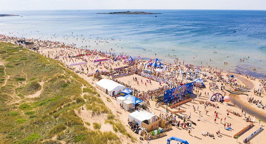 Aerial view of beach volleyball competition