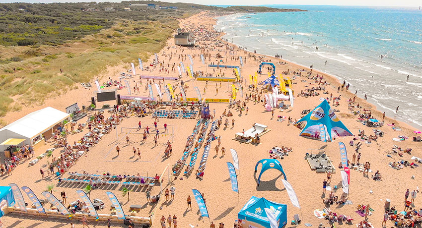  Aerial view of Tylösand beach with volleyball match on